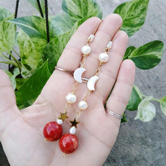 Long Statement Freshwater Pearl, Apple Coral, Seashells, Moons, & Stars Earrings - Picture 7 of 9